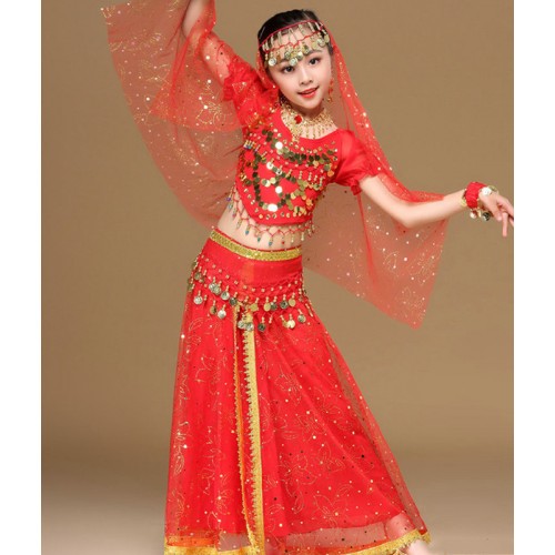 Kids red royal blue yellow belly dance dress bollywood stage performance dress costumes belly dance costumes for girls